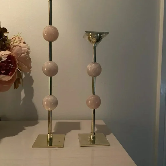 Ilymnia Candlestick Brass And Rose Quarts Set Of Two